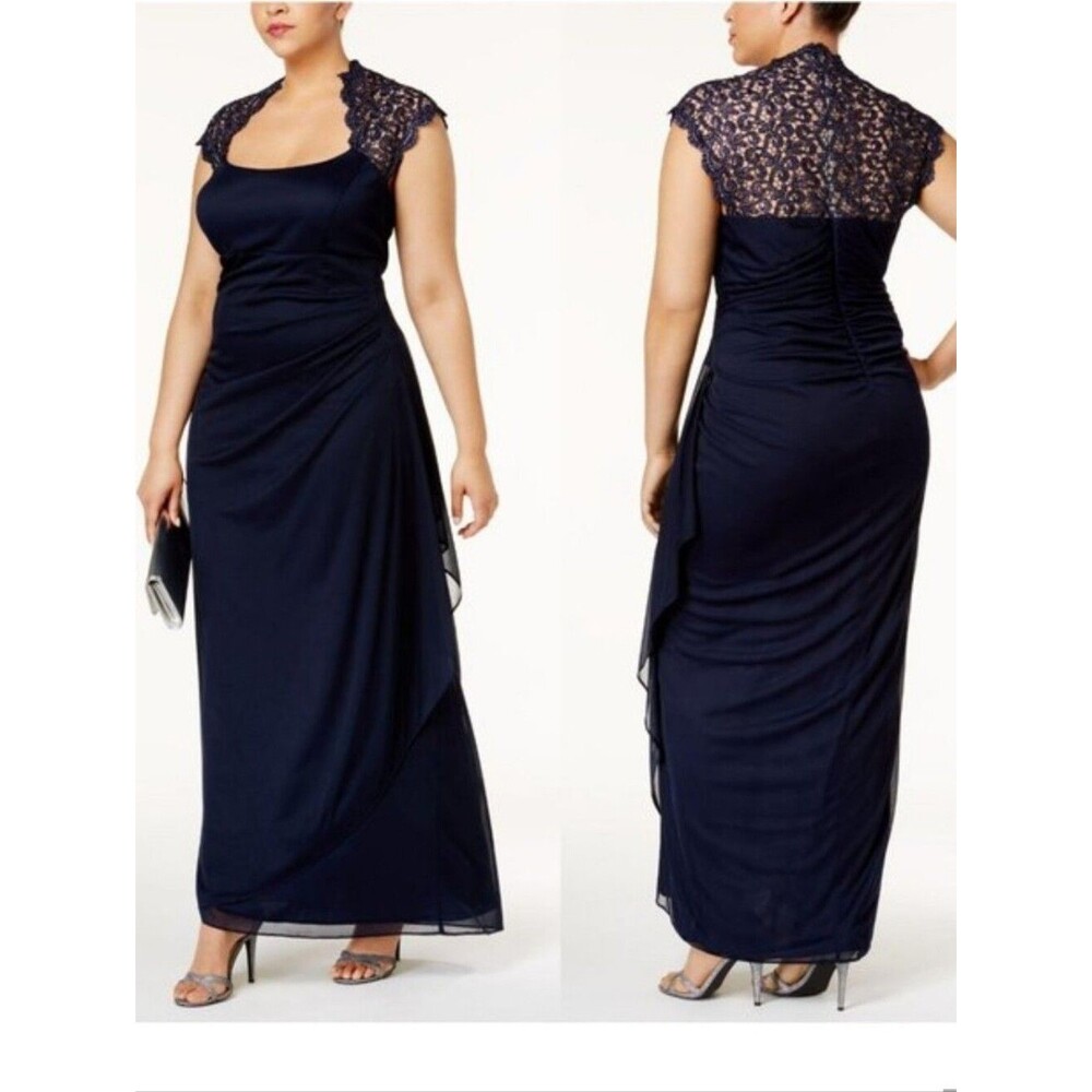 Xscape navy blue silver metallic sheer lace ruched stretch maxi dress gown 8